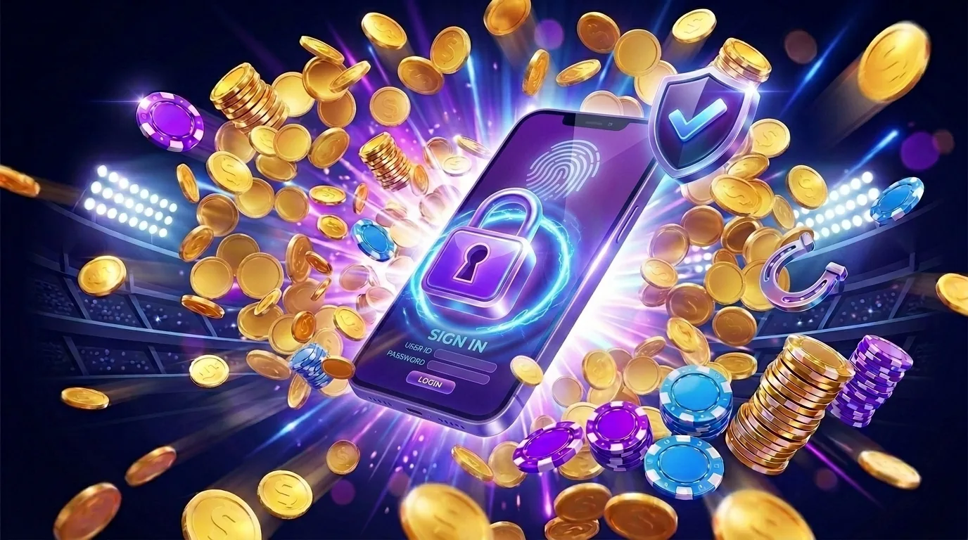Brass Crown casino secure login 2FA padlock fingerprint mobile artwork