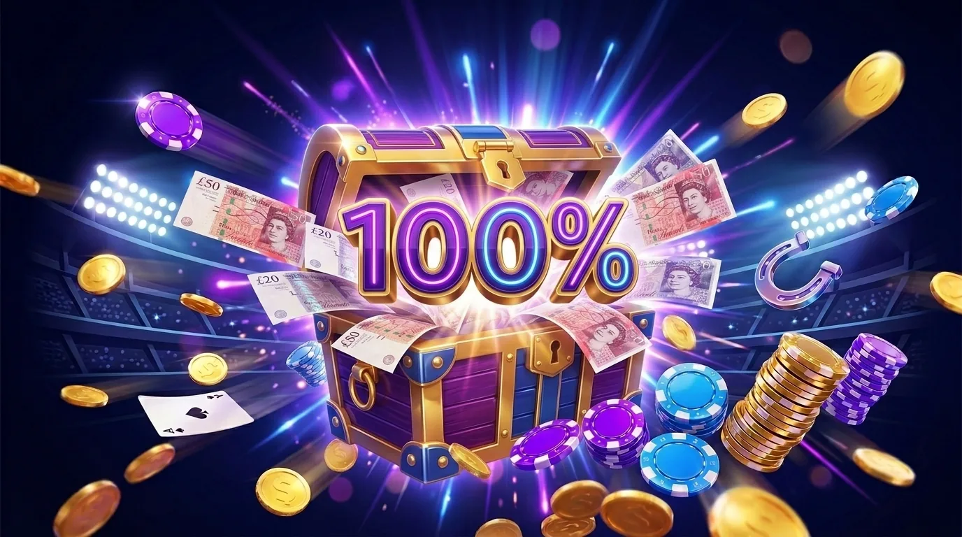 Brass Crown casino welcome bonus 100 percent deposit match treasure chest artwork